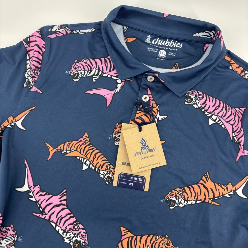 Chubbies Polo Shirt Kids Youth XL 18/20 Navy Tiger Shark NEW Performance Stretch